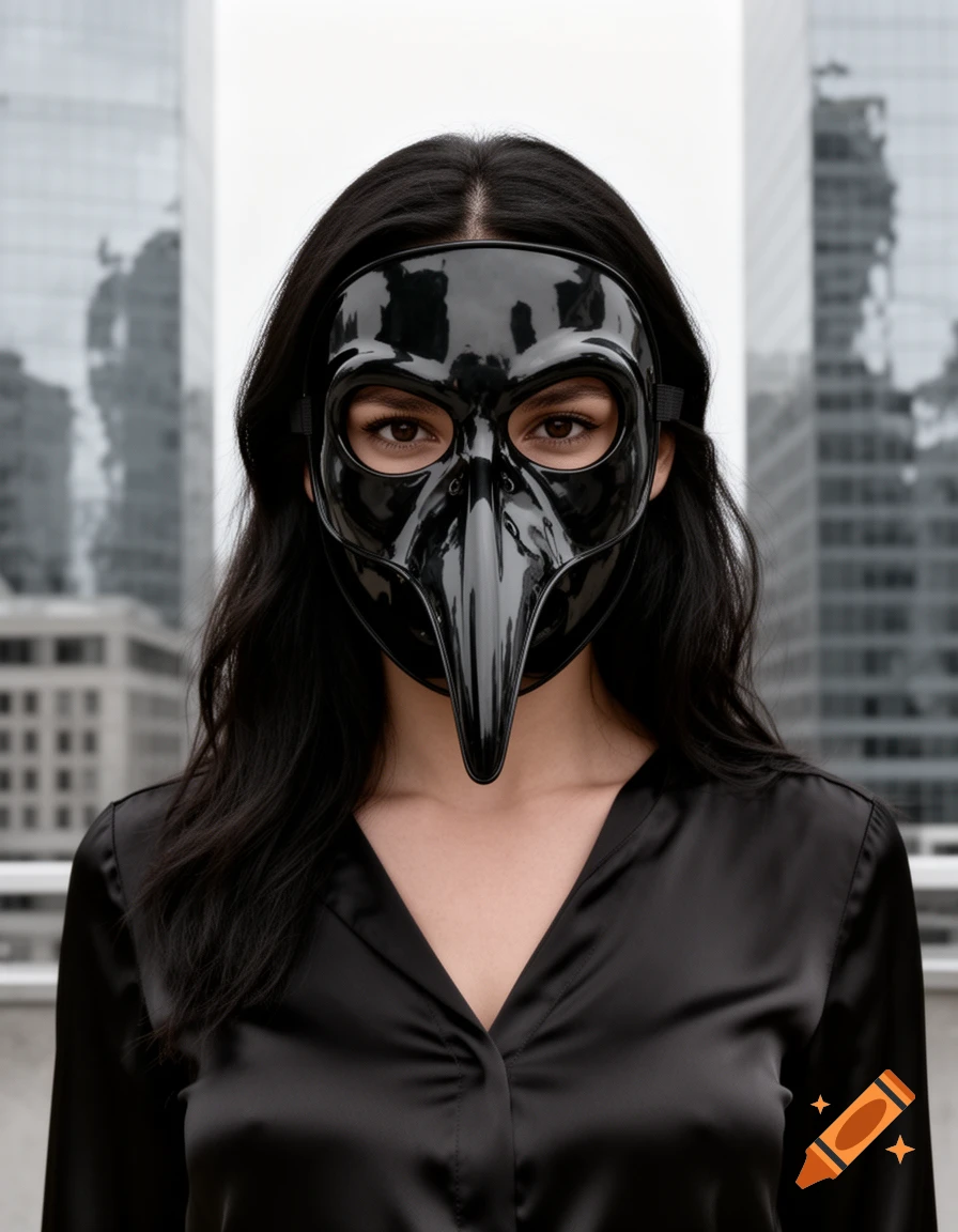 Woman in a glossy black plague doctor mask and black satin shirt, against a backdrop of blurred city buildings.