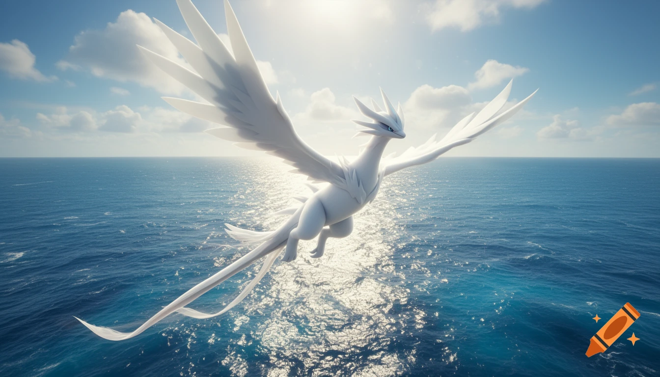 A white dragon-like Pokémon, Reshiram, with large feathery wings flies over a sparkling blue ocean under a bright sky.