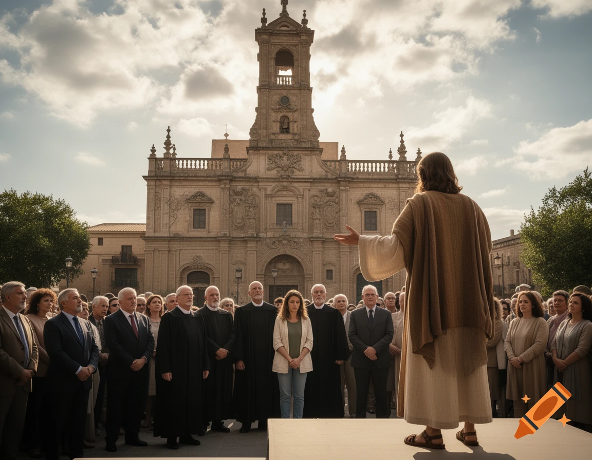 Jesus preaches to a diverse crowd in front of a grand, ornate church building under a cloudy sky.