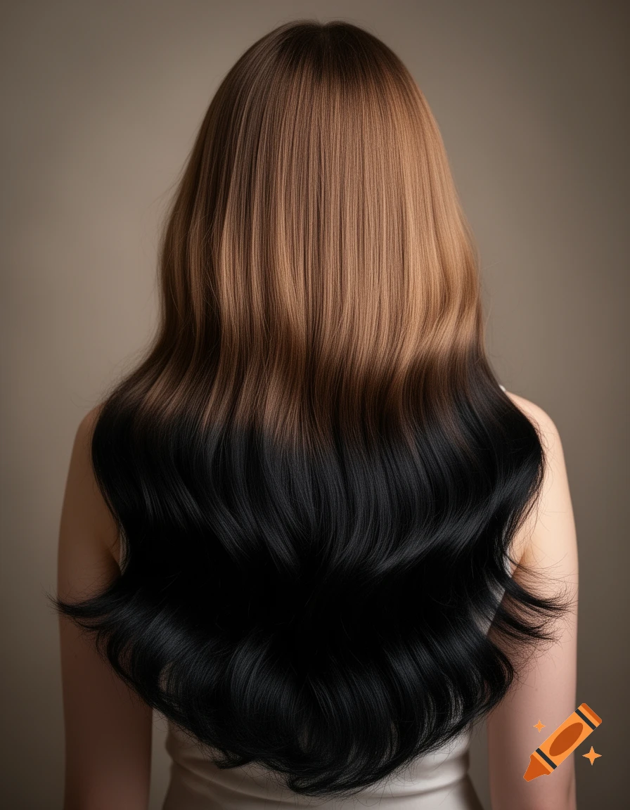 Back view of a person with long, wavy hair transitioning from light brown at the roots to deep black tips in an ombre style.
