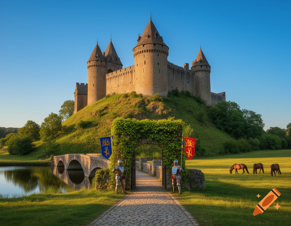 Photorealistic image of a stone castle on a grassy hill, with knights, horses, a bridge over water, and an ivy archway.