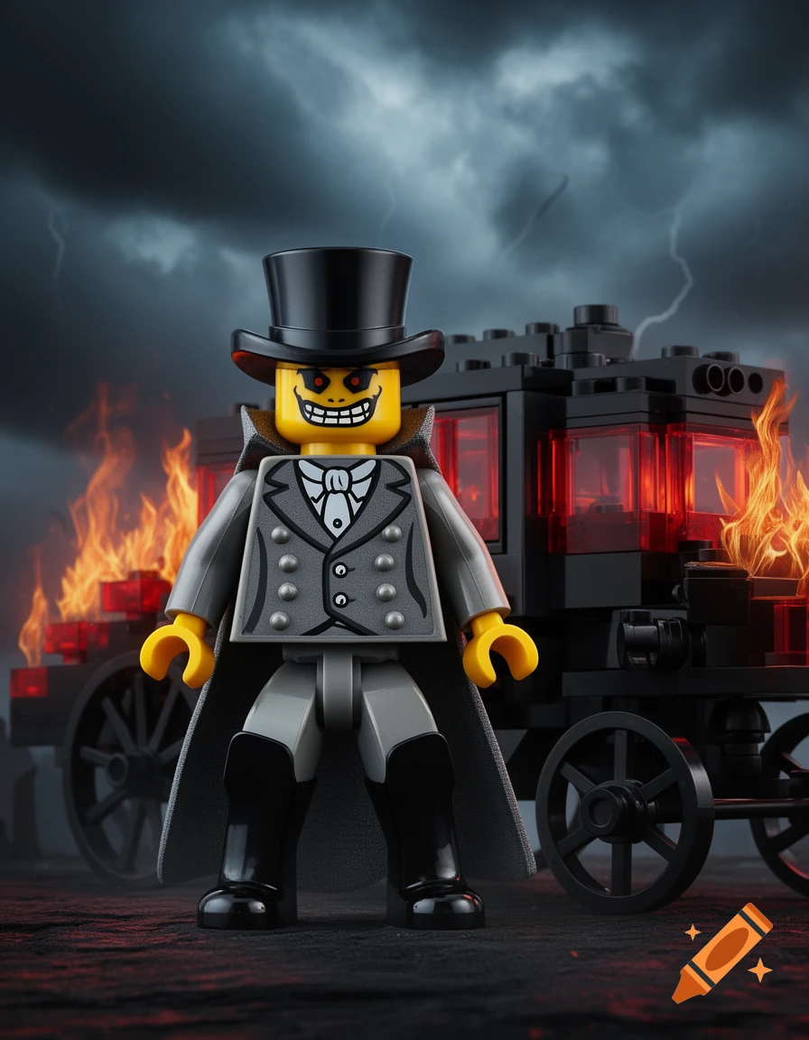 A sinister Lego coachman in a top hat and cape stands before a burning black Lego carriage under a stormy, lightning-filled sky.