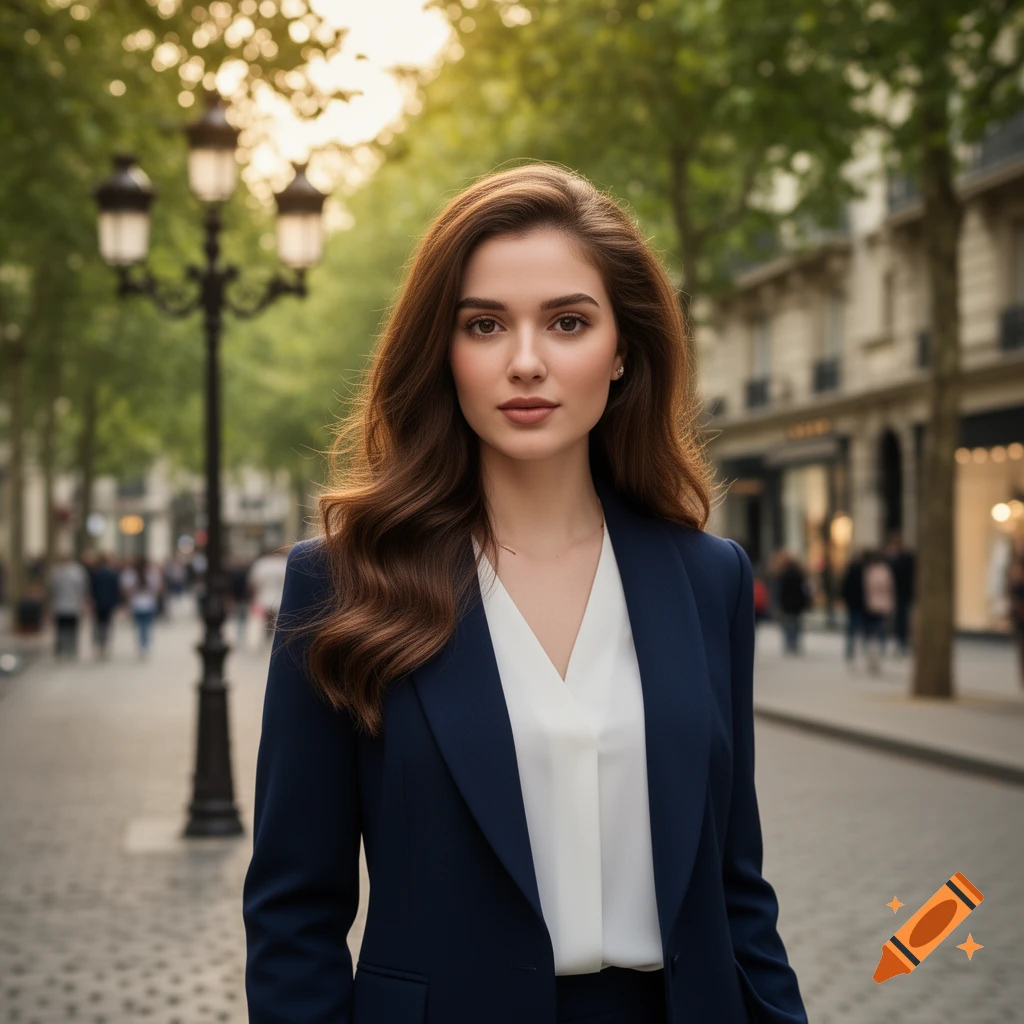 A photorealistic portrait of a young woman with long brown hair, wearing a navy blue suit and white blouse, standing on a tree-lined city street.