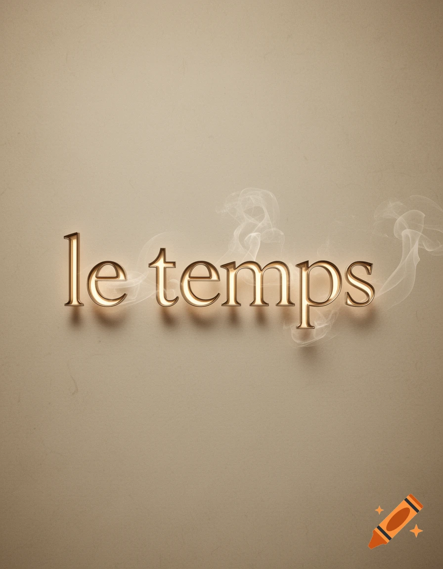 Golden outlined text "le temps" on a beige background with subtle smoke.