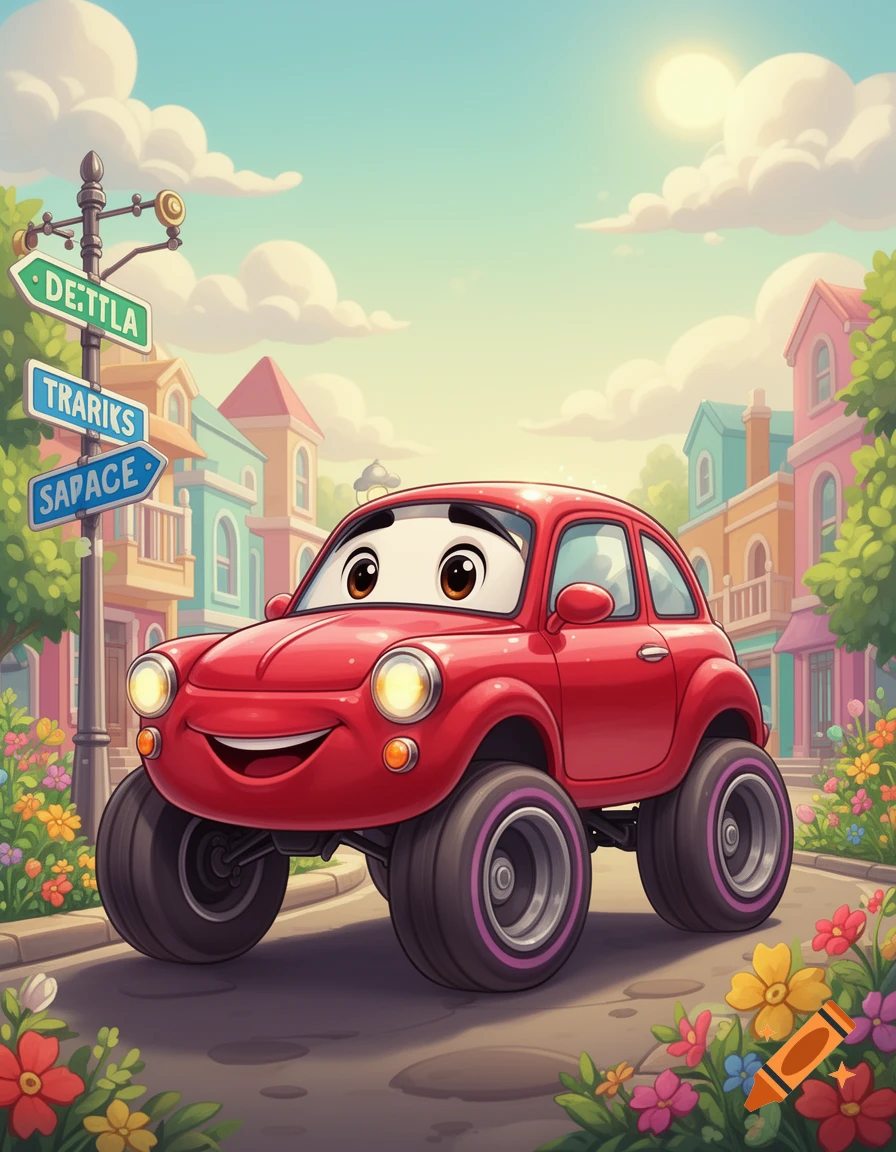 A cheerful, red cartoon car with big wheels and eyes smiles on a colorful street lined with houses and flowers, under a sunny sky.