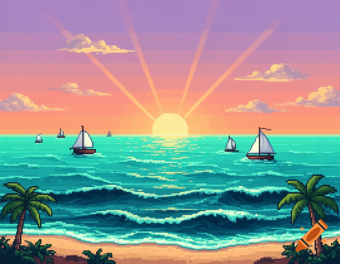 Pixel art sunset over an ocean with sailboats, palm trees, and waves crashing on the beach.