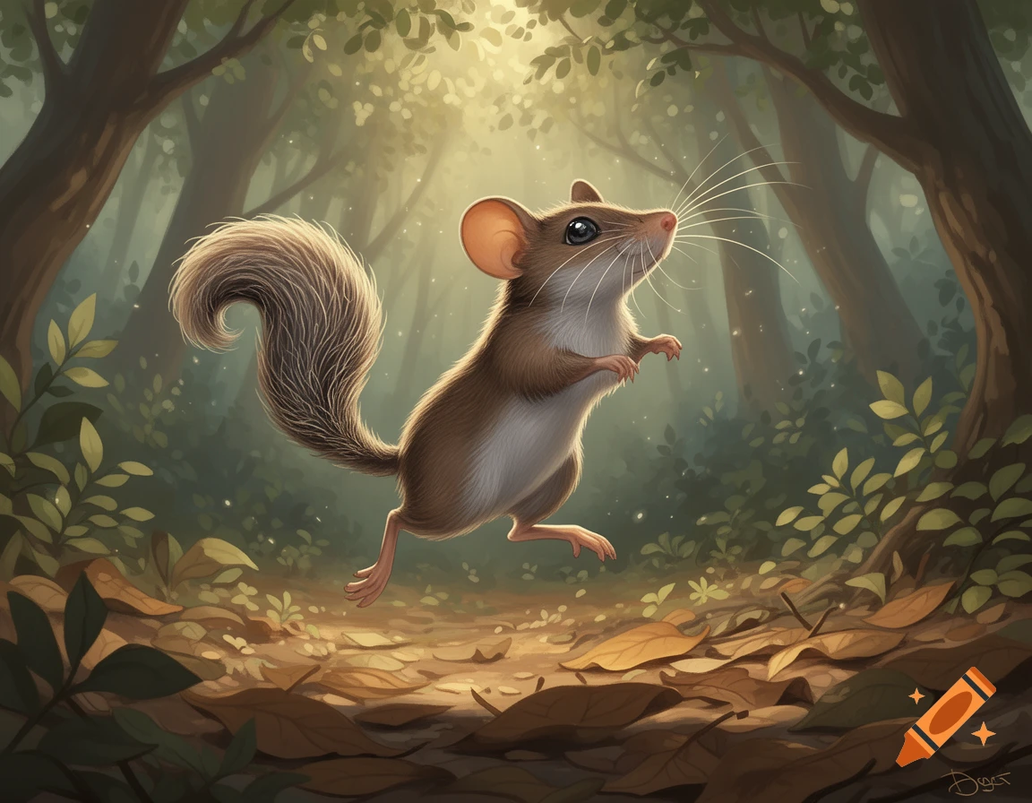 A cute, brown and white mouse-like creature with a bushy tail stands on hind legs in a sunlit forest, illustration.