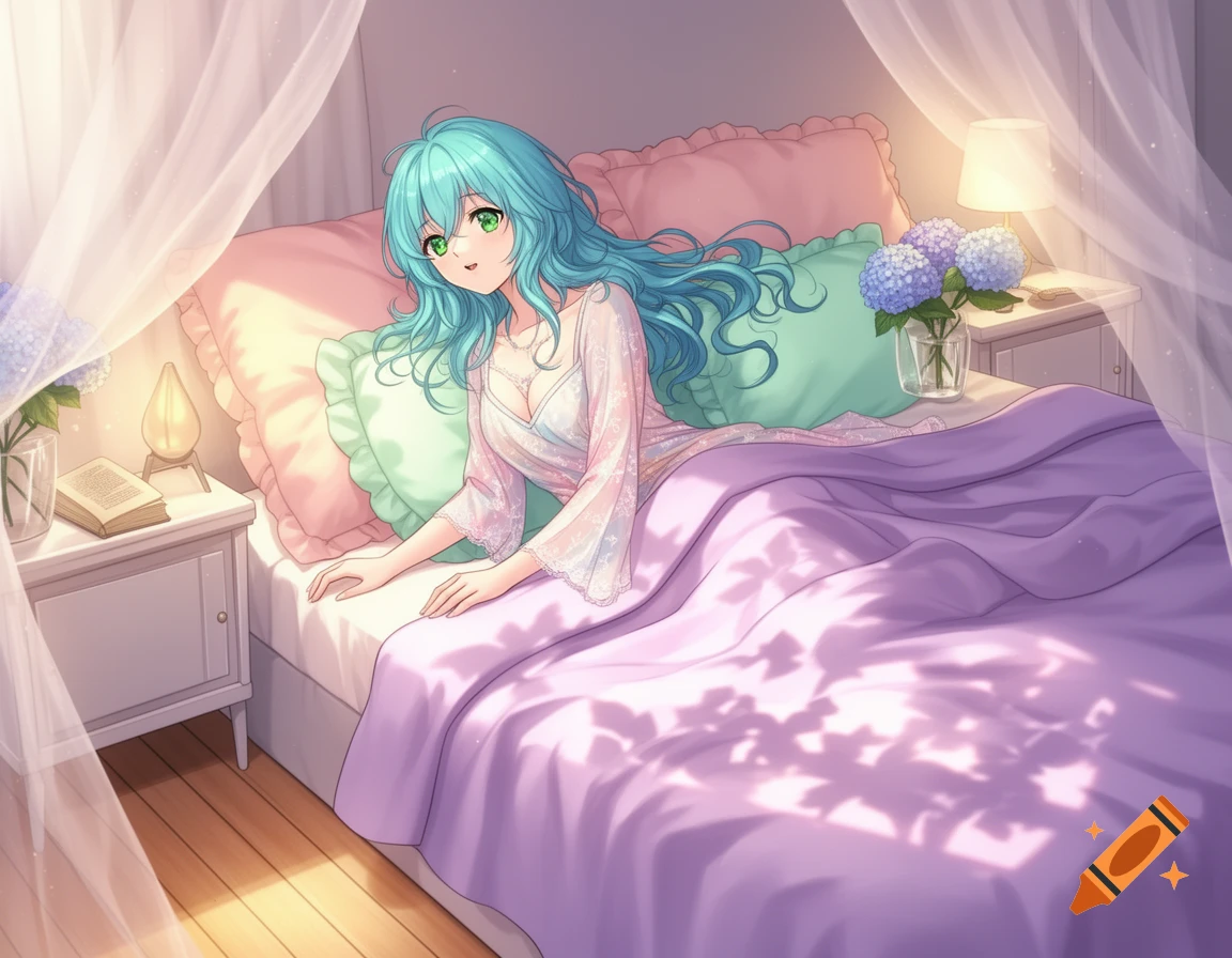 An anime woman with long teal hair and green eyes lies in bed in a white nightgown, a book and flowers on the nightstands.