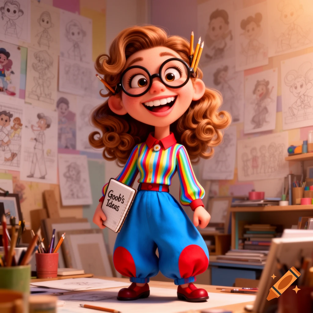 A smiling female cartoon character with curly brown hair and glasses, wearing a rainbow striped shirt, holding a book titled "Goob's Ideas" in an artist's studio.