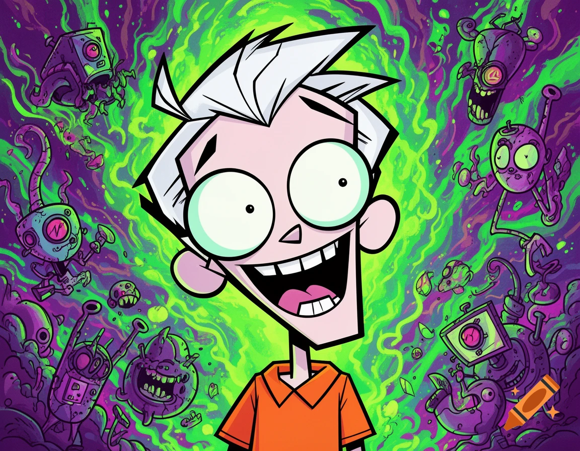 Cartoon character with wide eyes and a wide grin, resembling Lincoln Loud in a vibrant, chaotic Invader Zim art style, surrounded by strange creatures.