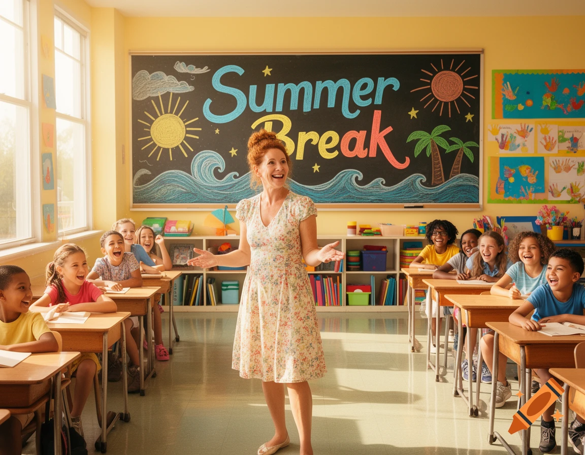 A smiling teacher stands in a bright classroom, talking to laughing children. The blackboard behind her says 'Summer Break' with sun and wave drawings.