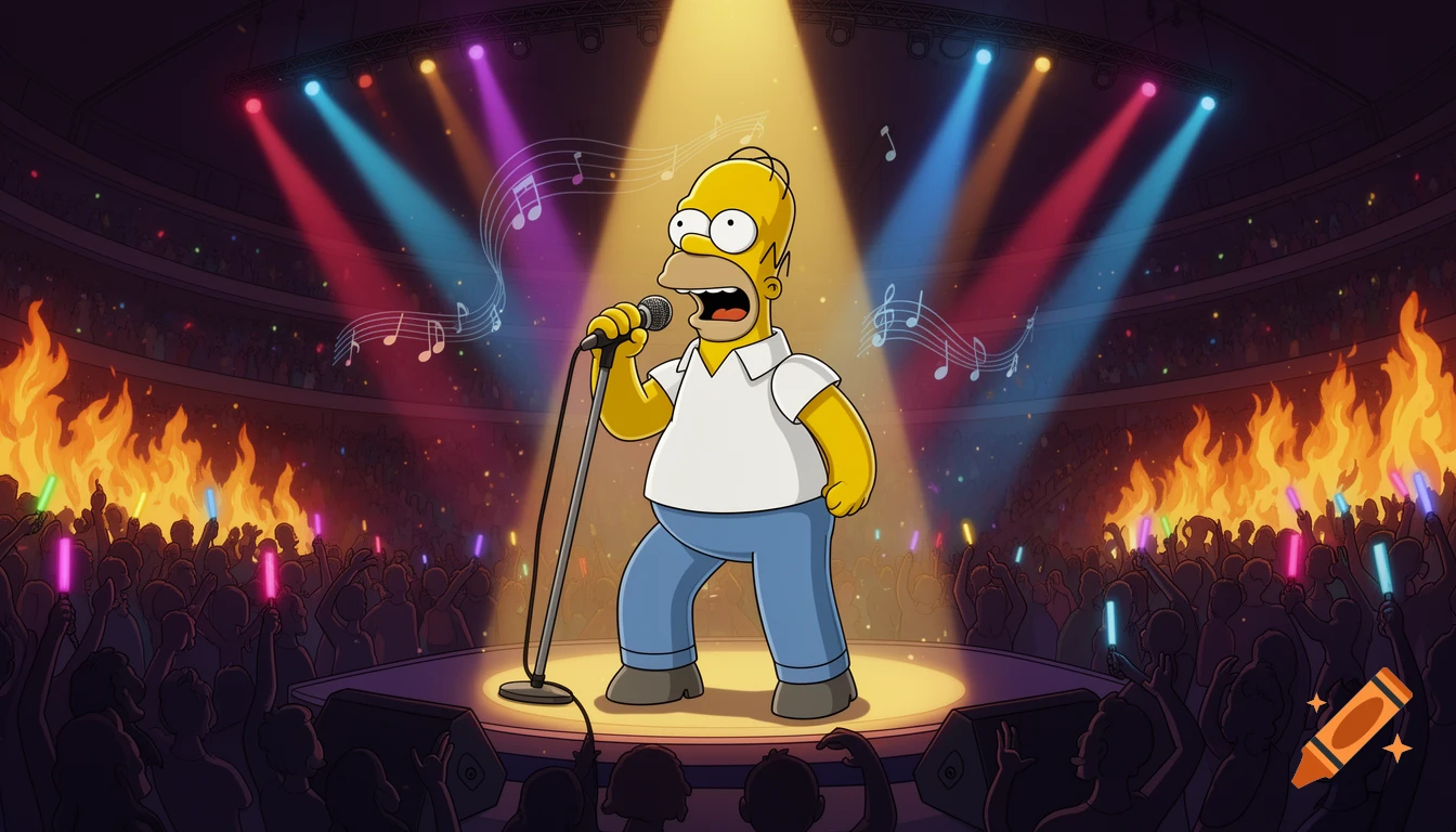 Homer Simpson singing into a microphone on a spotlighted stage in front of a cheering crowd with glow sticks and stage flames.