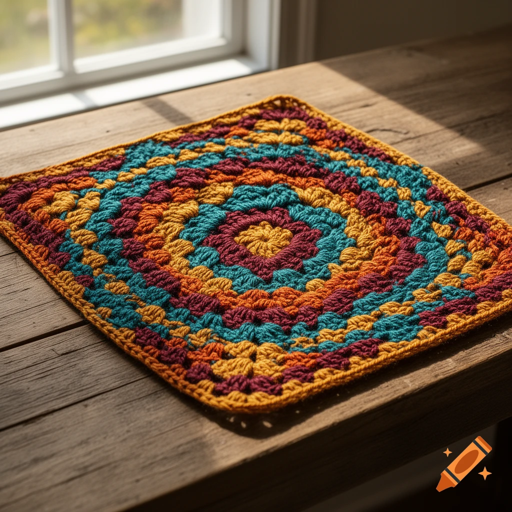 Colorful crochet granny square on a rustic wooden table, dappled with sunlight from a window.