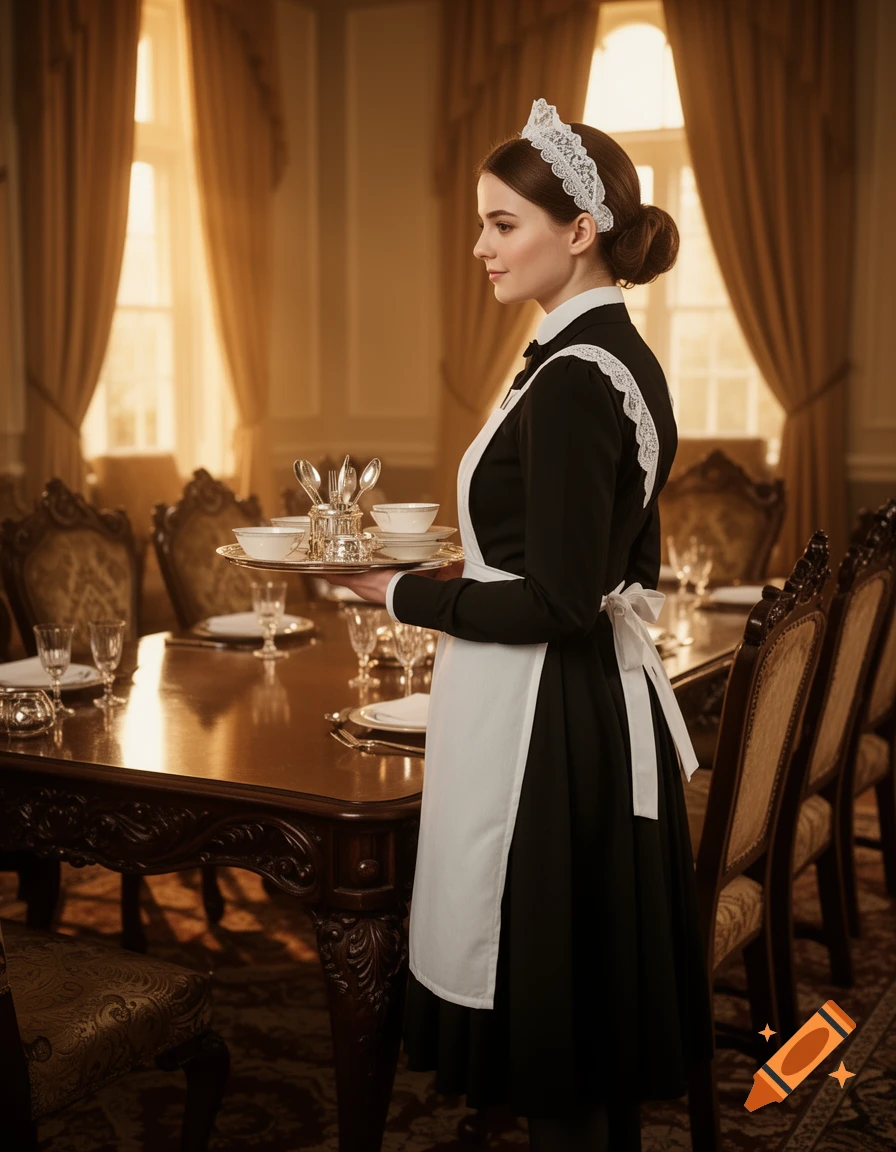 A young woman dressed as a maid in a black dress and white apron carries a silver tray with dishes and silverware in an opulent dining room.