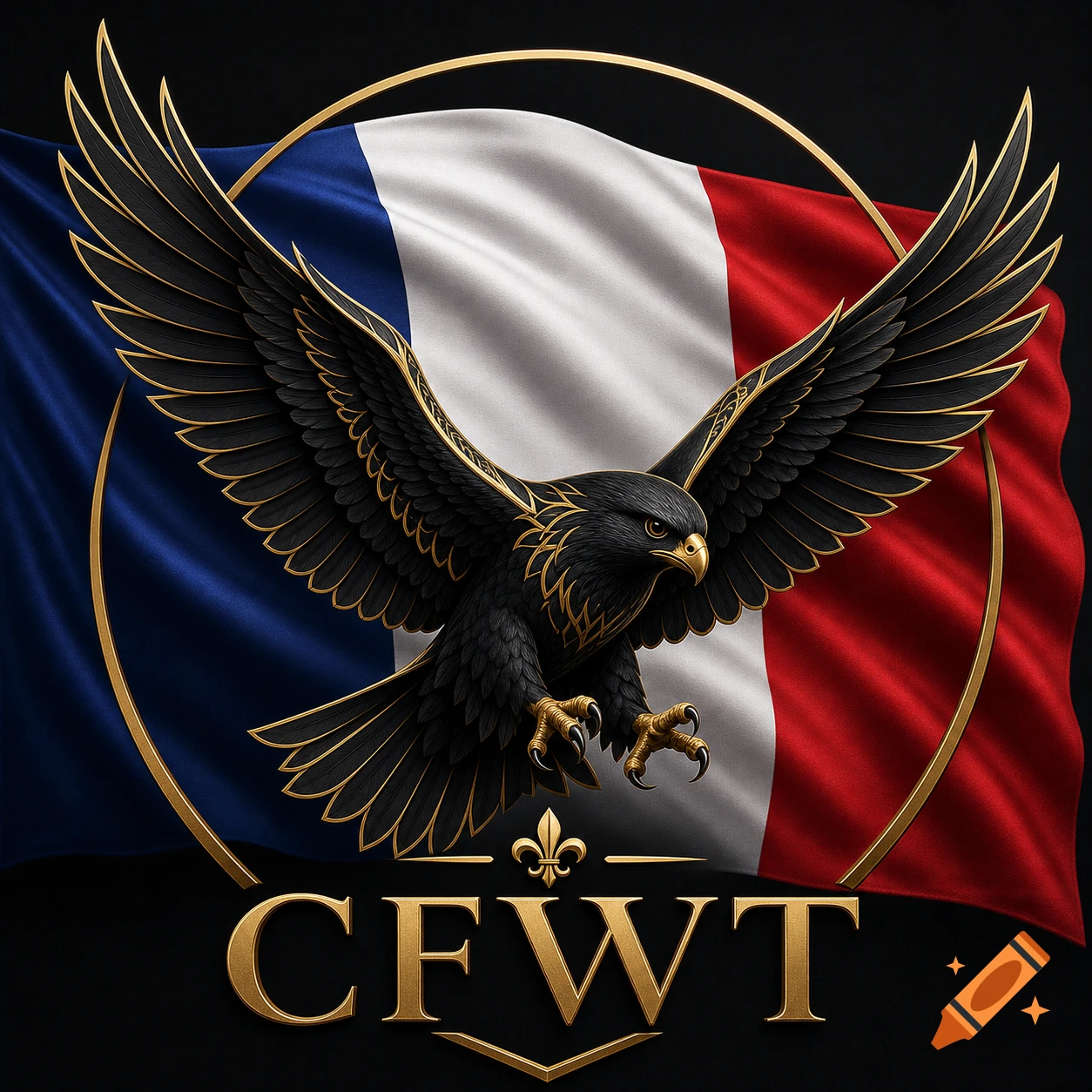 A gold-outlined black eagle with spread wings centered over a waving French flag inside a gold circle. The letters CFWT are below.