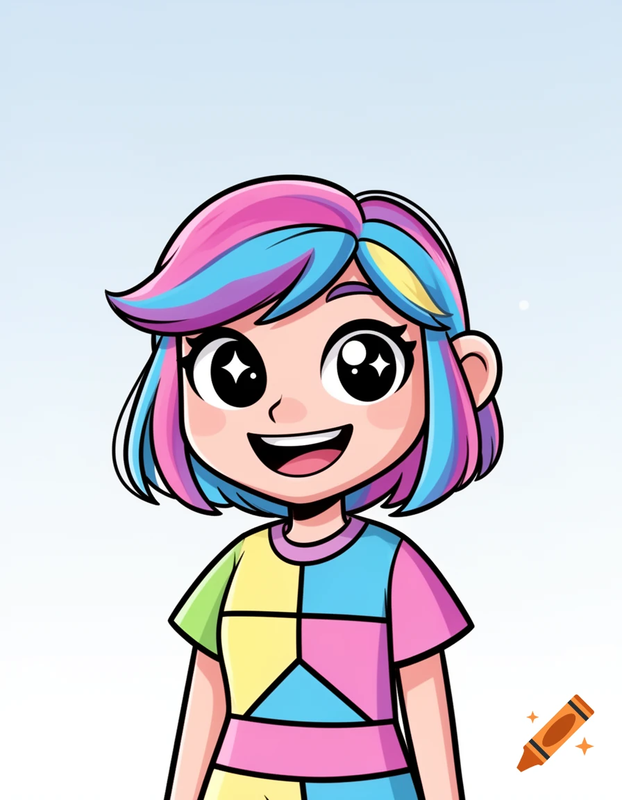 A smiling cartoon girl with short, colorful hair and big sparkling eyes wears a pastel patchwork geometric shirt against a light blue background.