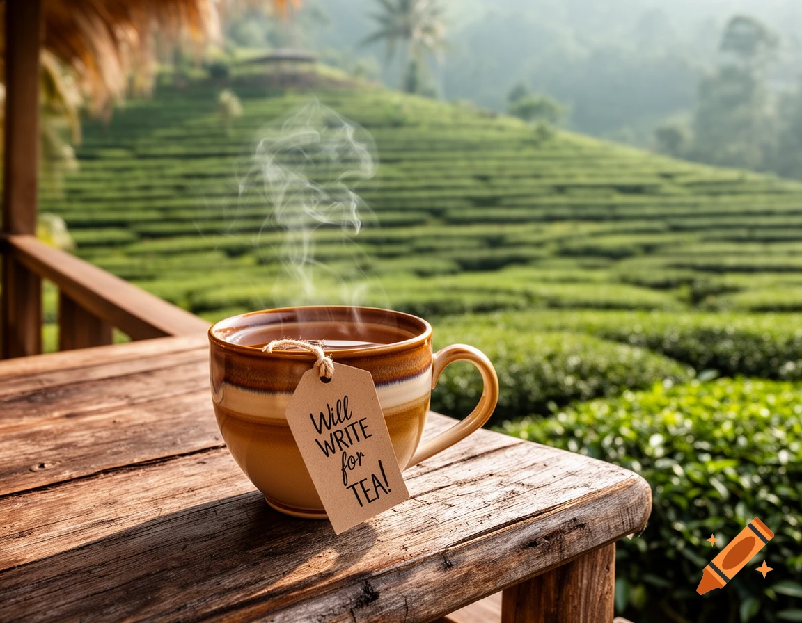 Photorealistic image of a steaming hot cup of tea with a "Will WRITE for TEA!" tag, on a rustic wooden table overlooking a terraced tea plantation.