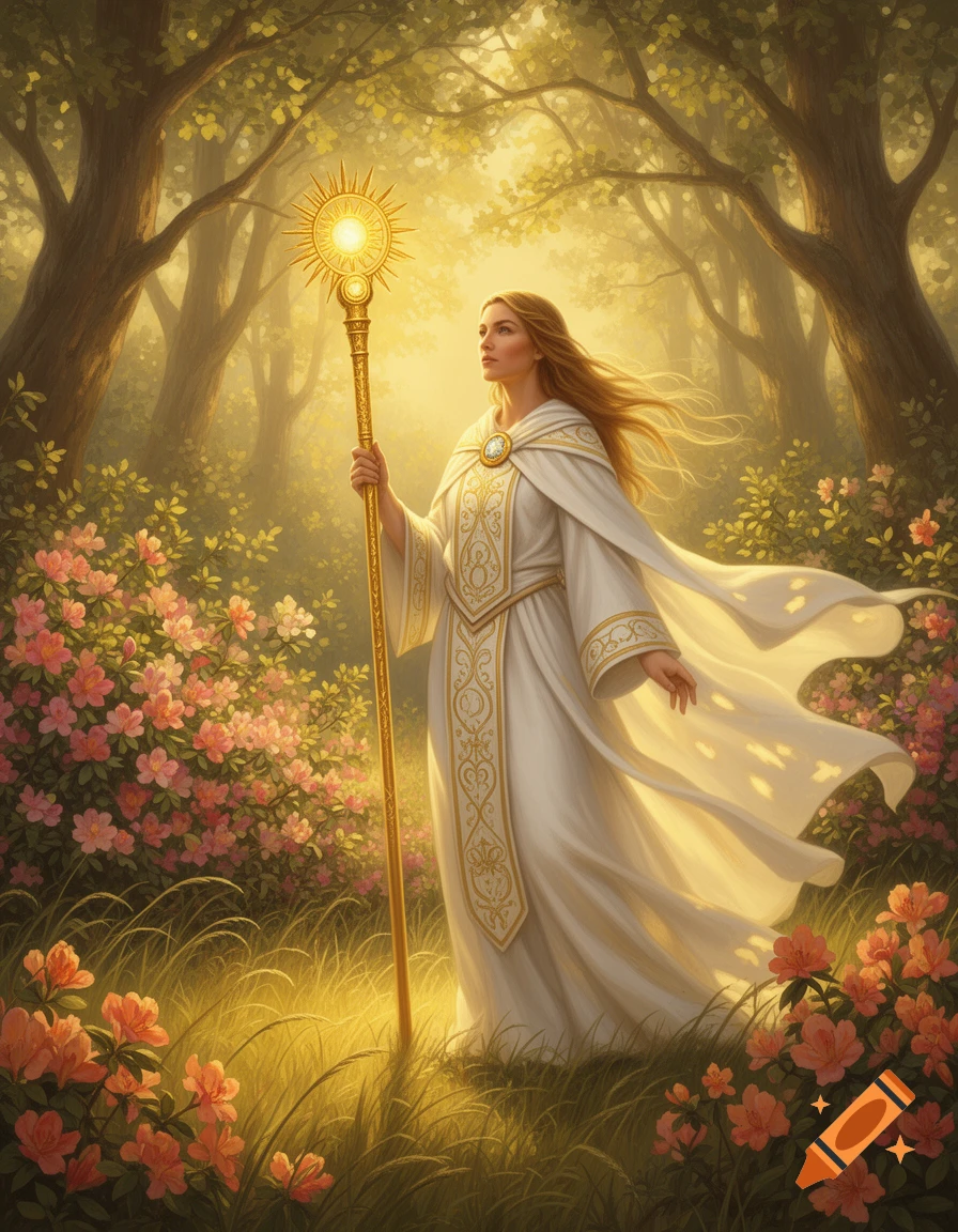 A woman in a white robe with a glowing sun-staff stands in a sunlit, vibrant forest filled with pink flowers.