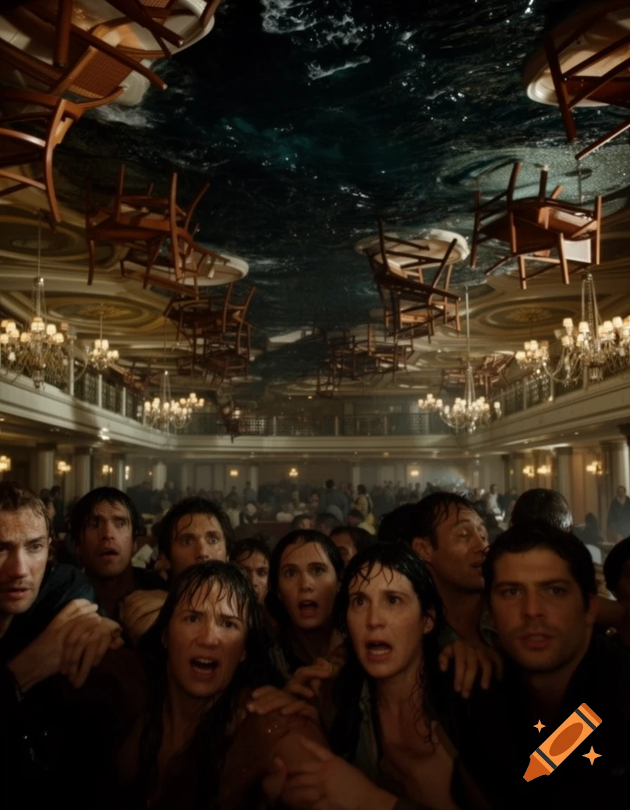 Terrified people in a grand ballroom look up at turbulent water and overturned chairs coming from the ceiling, photorealistic.