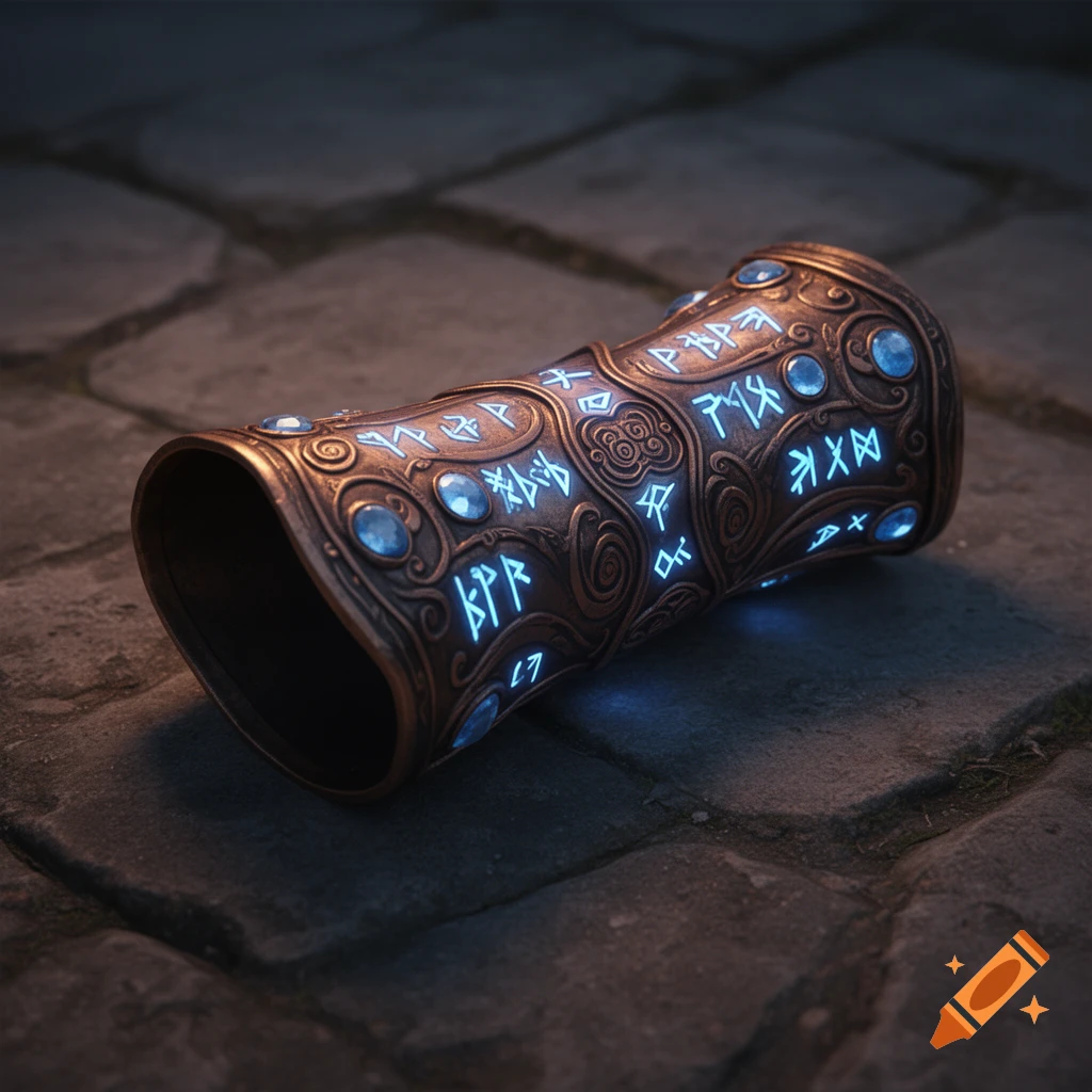 Ornate bronze bracer with glowing blue runes and gems, lying on a dark stone surface, in a fantasy photorealistic style.