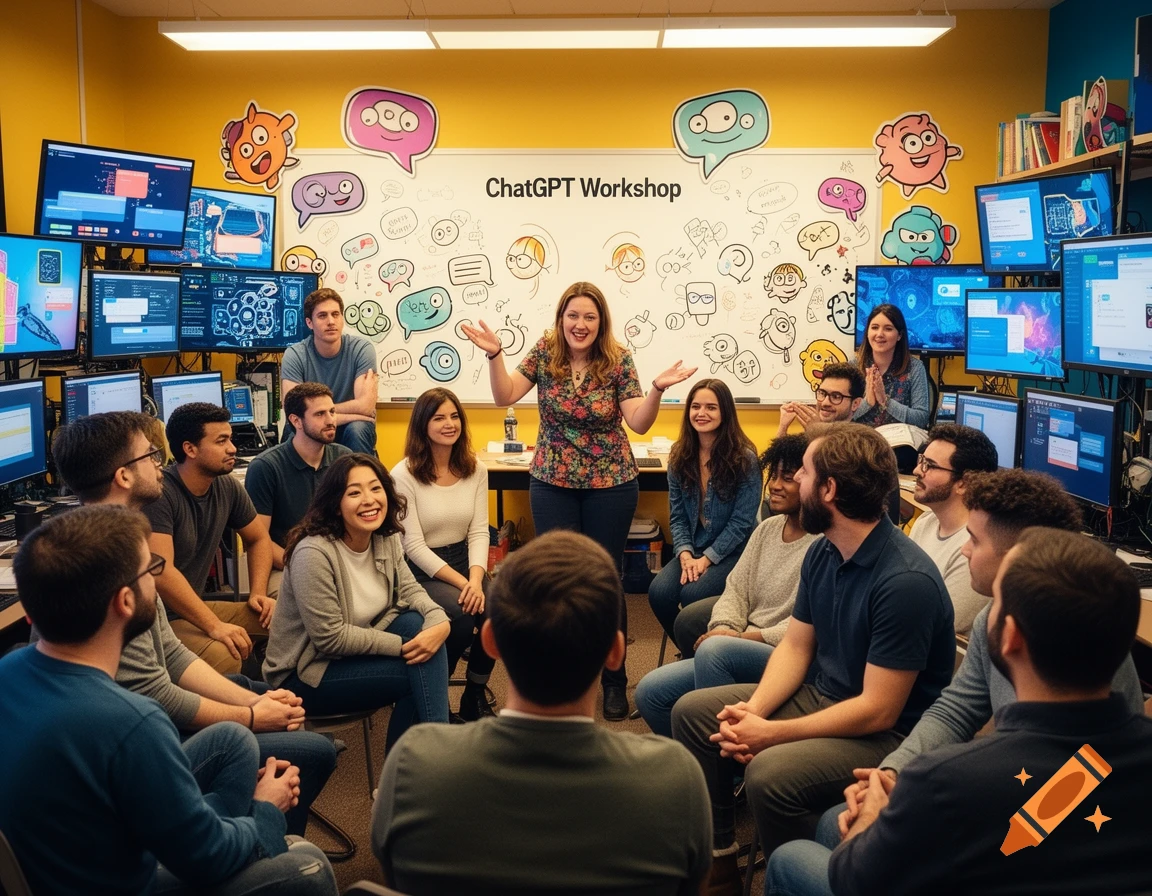 A female lecturer leads a ChatGPT workshop for a diverse group of students in a brightly lit room filled with computer screens and cartoon speech bubble decorations.