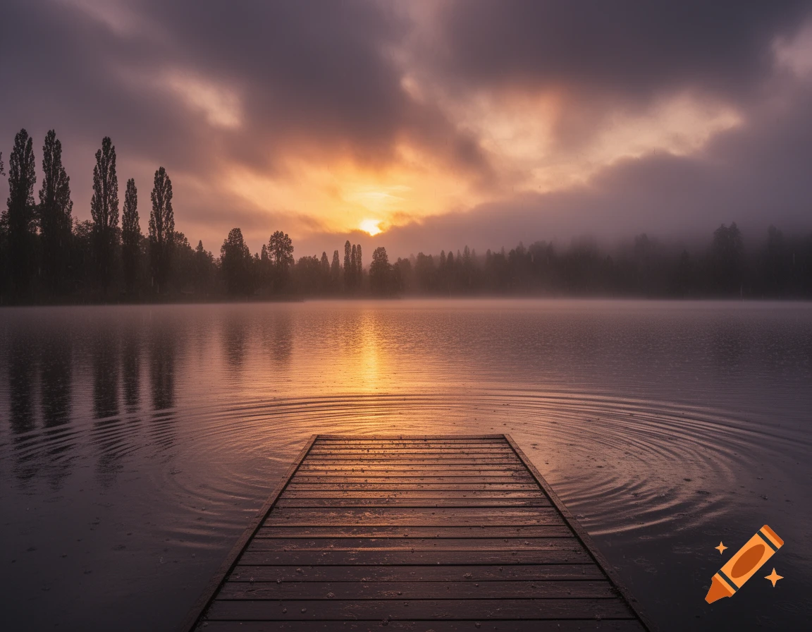 A serene, foggy lake at sunrise, with warm orange light reflecting on the water, and a wooden dock extending into the calm ripples.