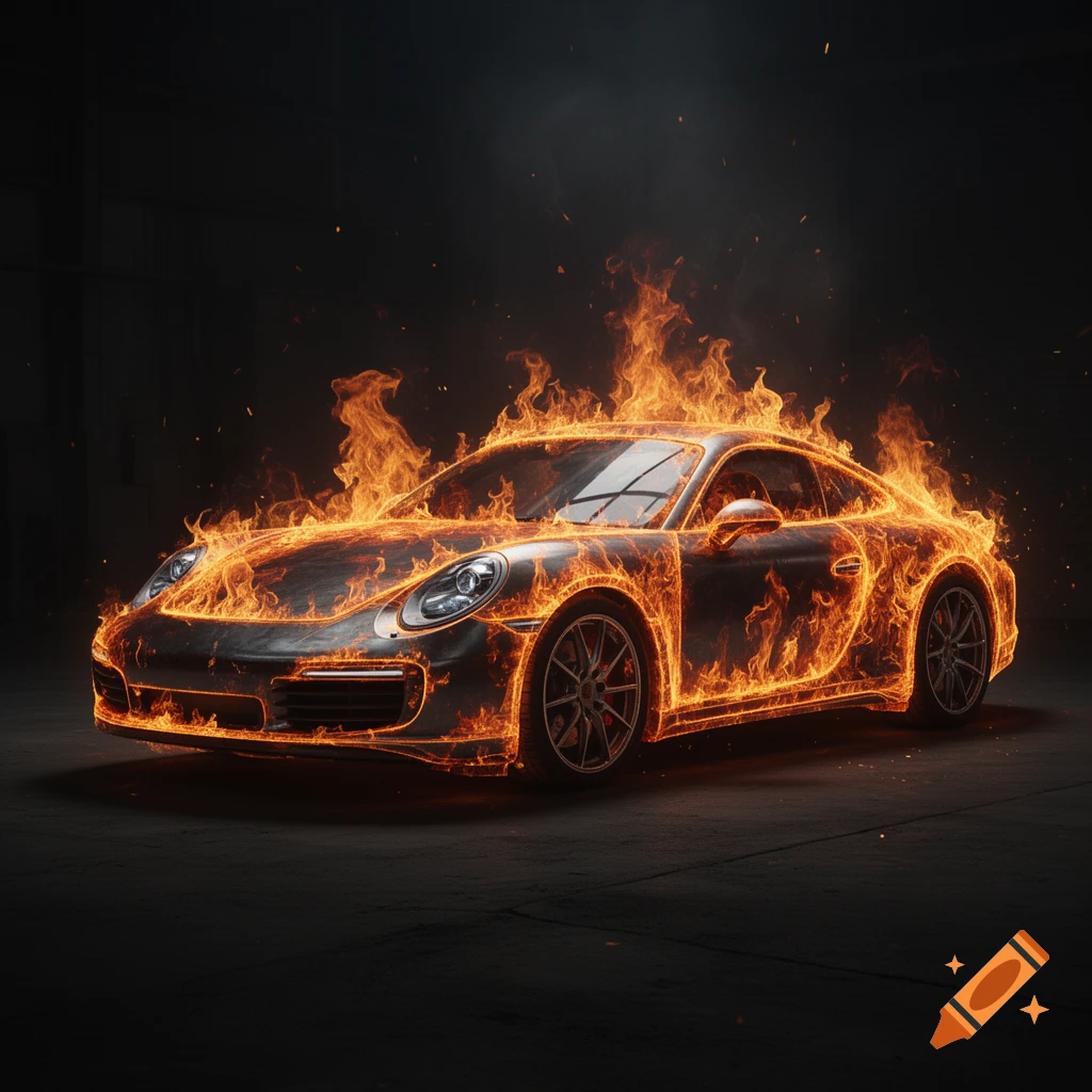 A photorealistic silver Porsche sports car engulfed in vibrant orange flames, set against a dark, smoky background.