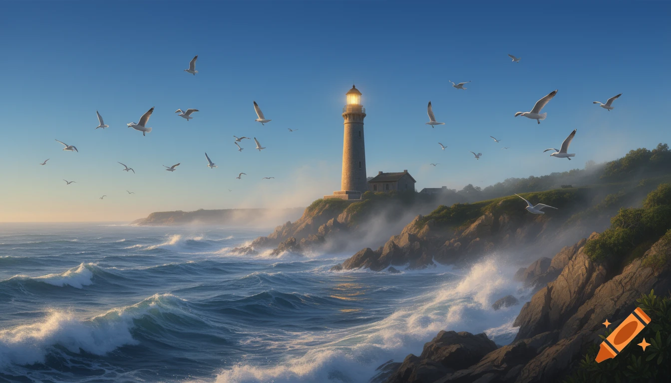 A photorealistic lighthouse stands on a misty, rocky coast with crashing waves and seagulls flying under a clear blue sky.