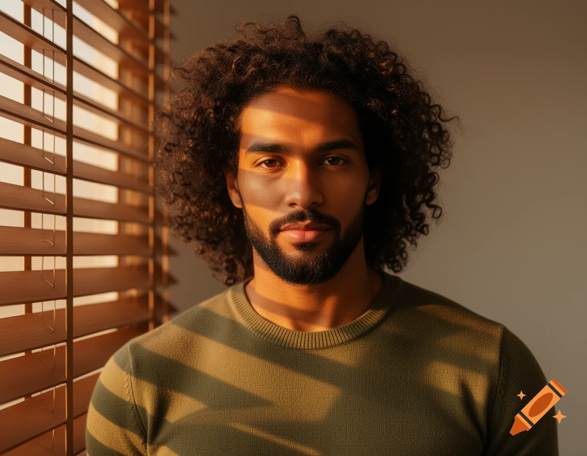 Close-up portrait of a man with dark curly hair and a beard, illuminated by sunlight through blinds, wearing a green sweater.