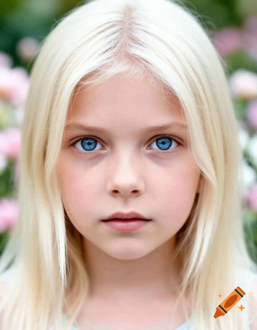 Close-up, photorealistic portrait of a young girl with bleach blonde hair and bright blue eyes, blurred floral background.