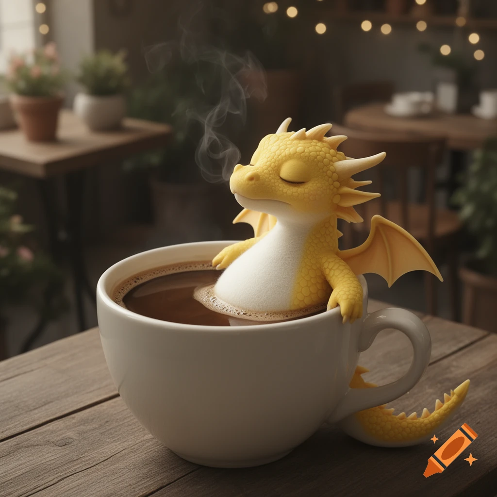 A cute yellow dragon with a white belly relaxes in a steaming cup of coffee in a cozy cafe.