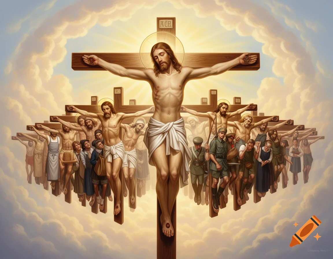 A painting of Jesus Christ and various people crucified on crosses against a cloudy sky, in a traditional religious art style.