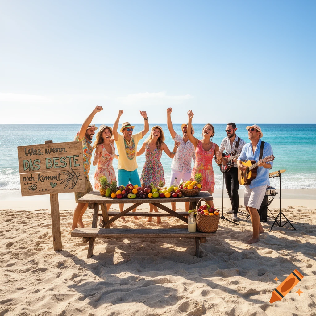 A group of happy friends dances and plays music on a sunny beach next to a picnic table laden with fruit, with a sign reading "What if the best is yet to come."