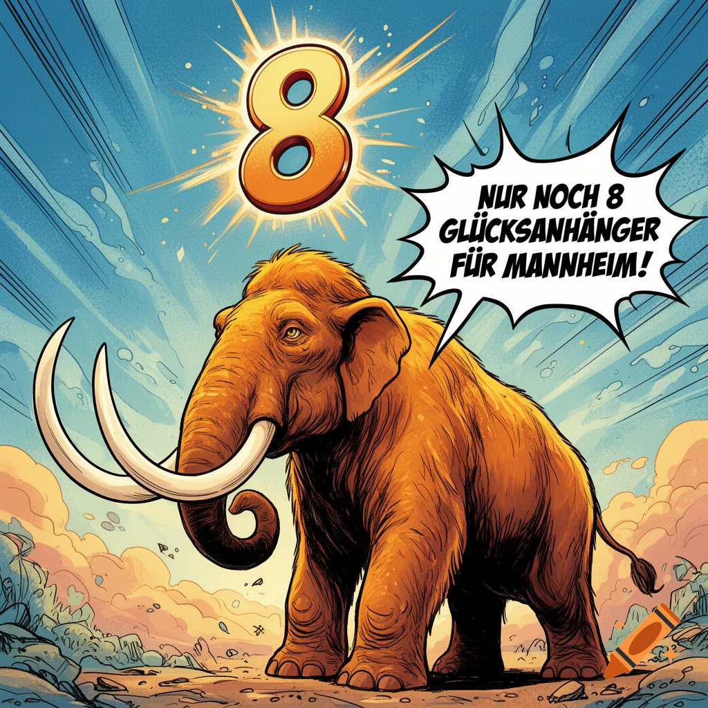 A comic art style image of a woolly mammoth looking at a glowing number 8, with a speech bubble that reads 'NUR NOCH 8 GLÜCKSANHÄNGER FÜR MANNHEIM!'