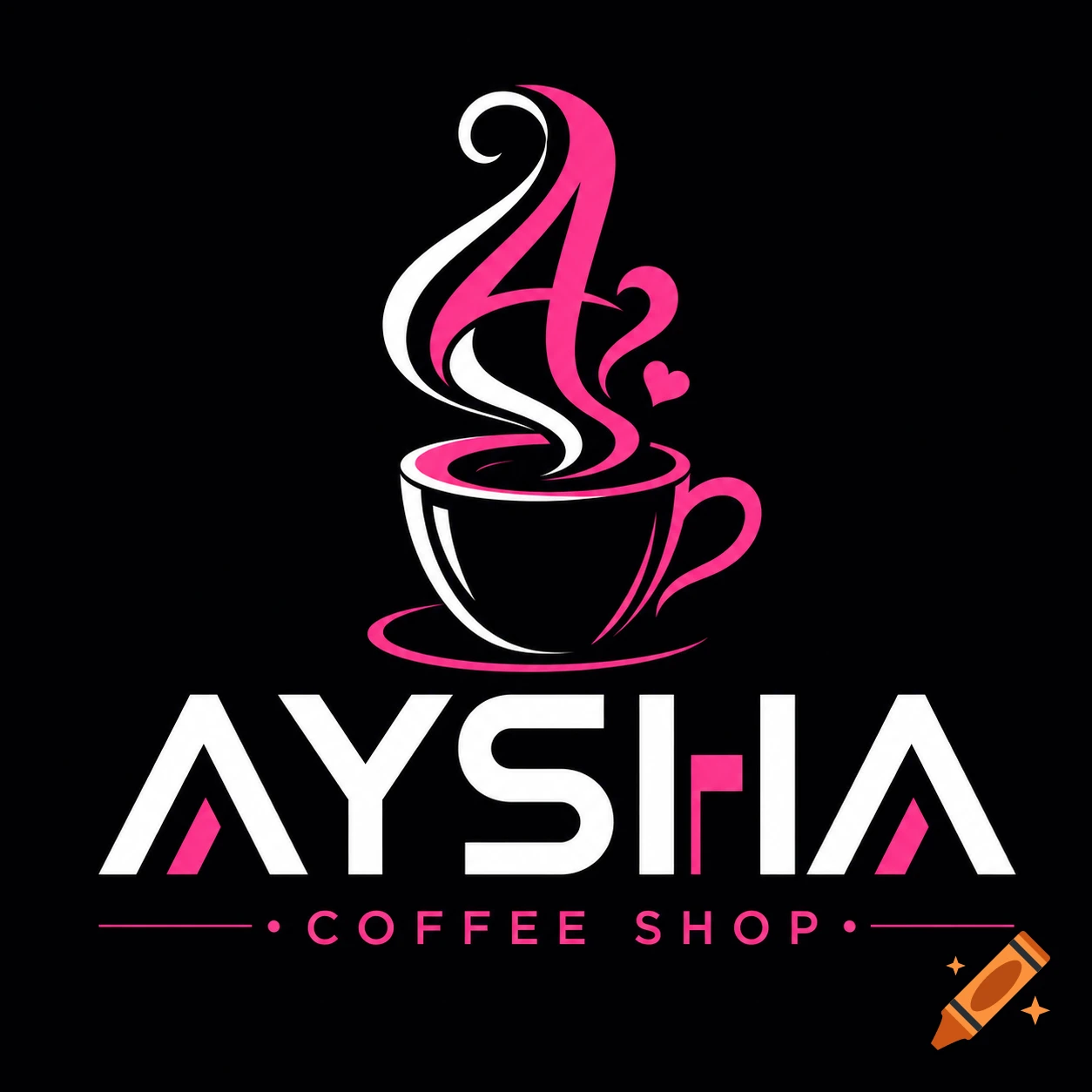 A coffee shop logo with a pink and white coffee cup, steam forming a stylized 'A', and text 'AYSHA COFFEE SHOP' on a black background.