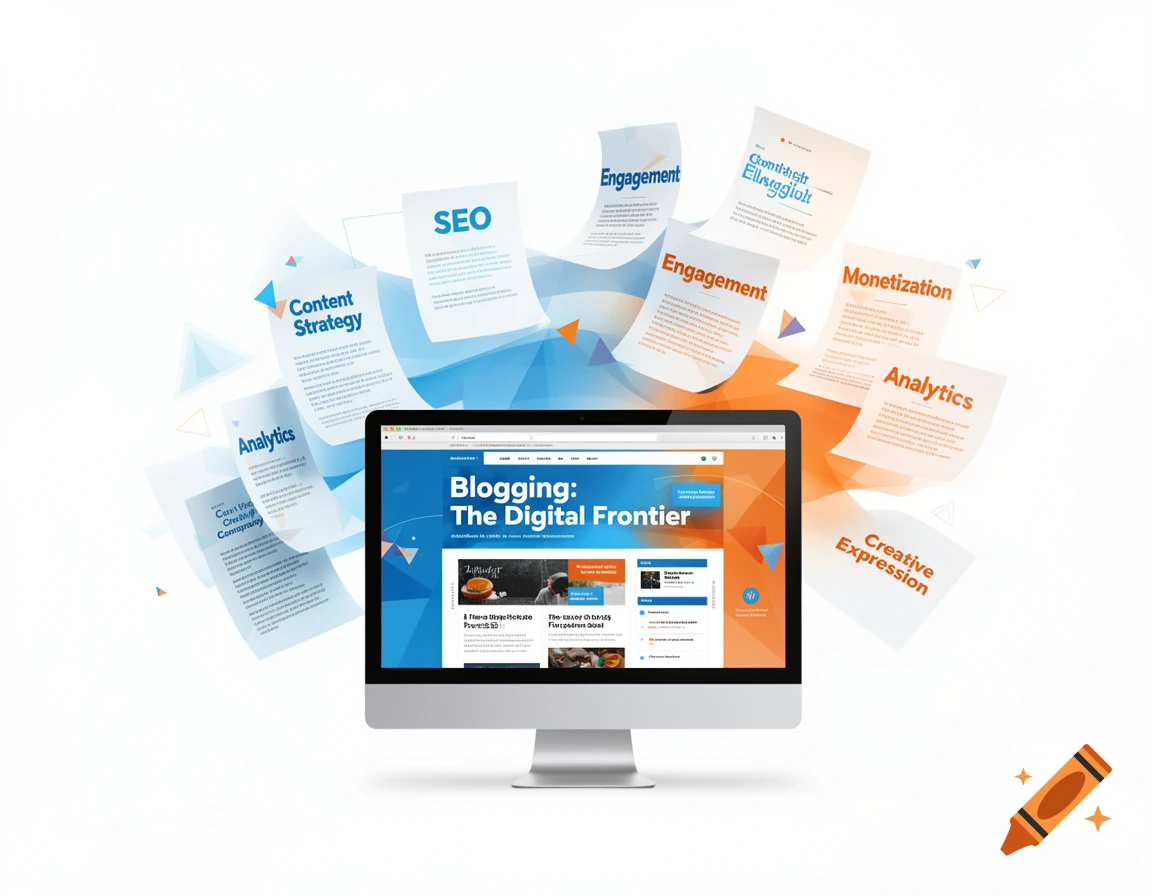 A desktop computer displaying a blog website, surrounded by flying papers with digital marketing terms like SEO, Engagement, and Analytics.