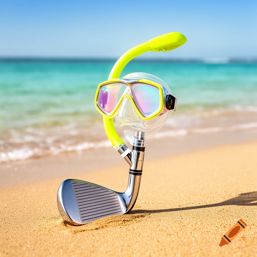 A wedge golf club wearing a yellow snorkel and mask stands in the sand on a sunny beach with a clear blue ocean in the background.