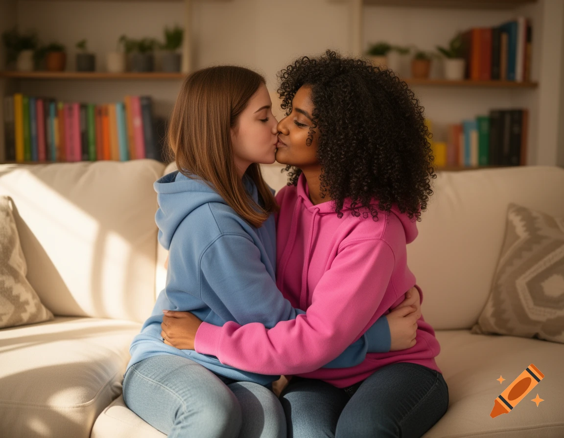 Two young women in hoodies kissing on a couch in a cozy home setting, photorealistic style.