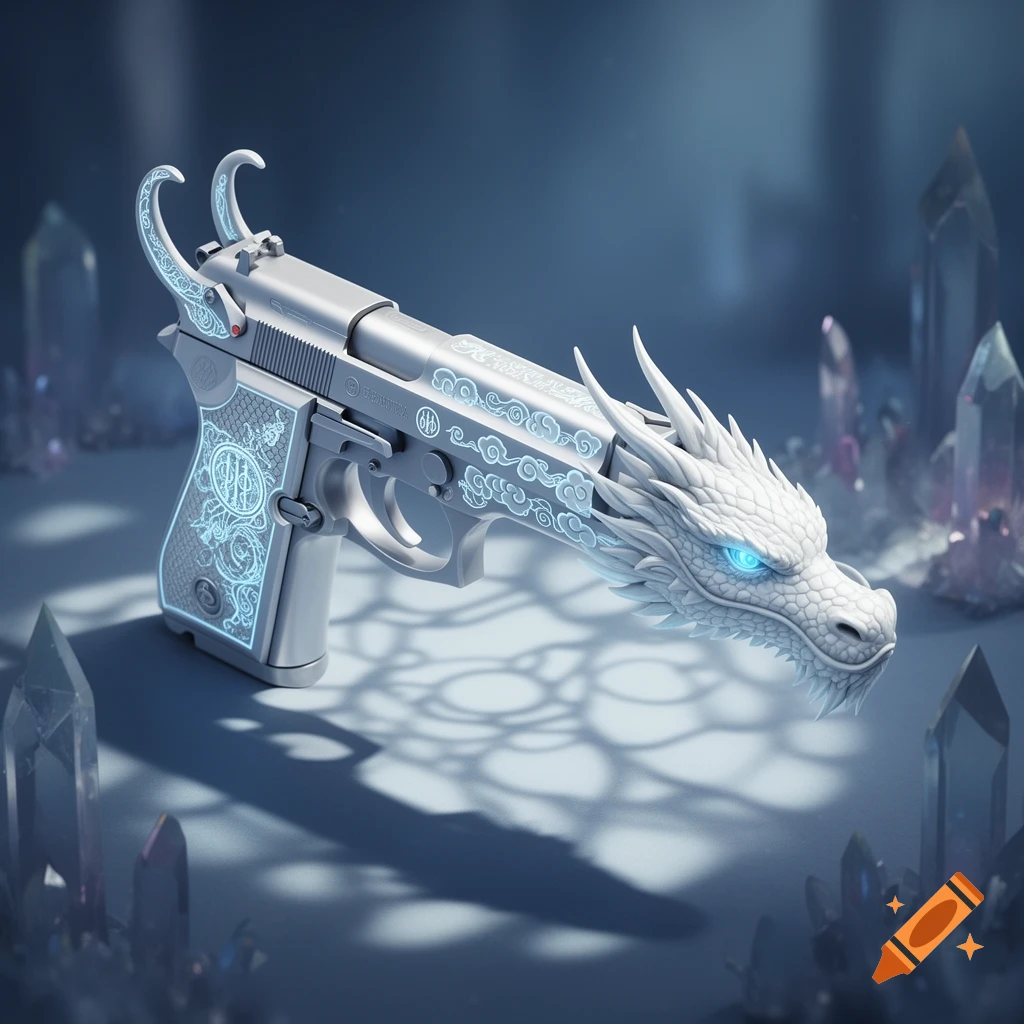 Detailed silver pistol with a white dragon head barrel, glowing blue eyes, glowing blue patterns, and horn sights, surrounded by crystals.