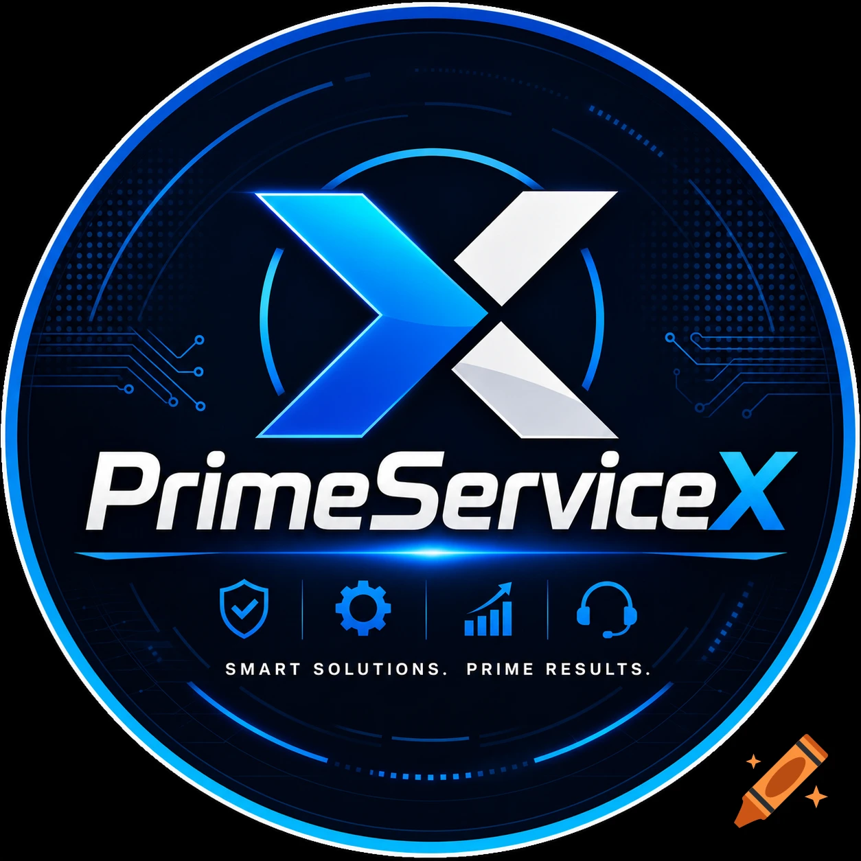 A blue and white "PrimeServiceX" logo in a circular frame with circuit board patterns and icons for security, settings, growth, and support, with the slogan "SMART SOLUTIONS. PRIME RESULTS." at the bottom.