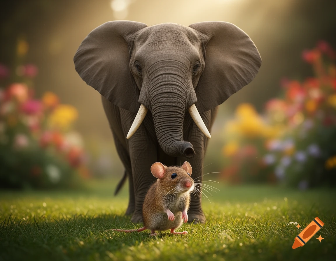 A large photorealistic elephant stands behind a tiny mouse on green grass, with blurred colorful flowers and sunlight in the background.