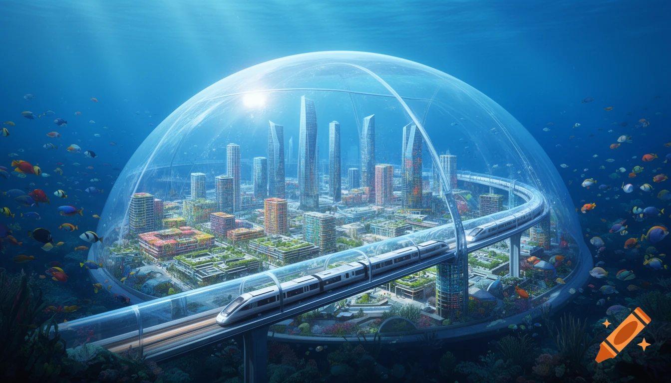 A realistic, detailed futuristic underwater city inside a transparent dome, with modern buildings and a glass metro. Colorful fish swim outside.