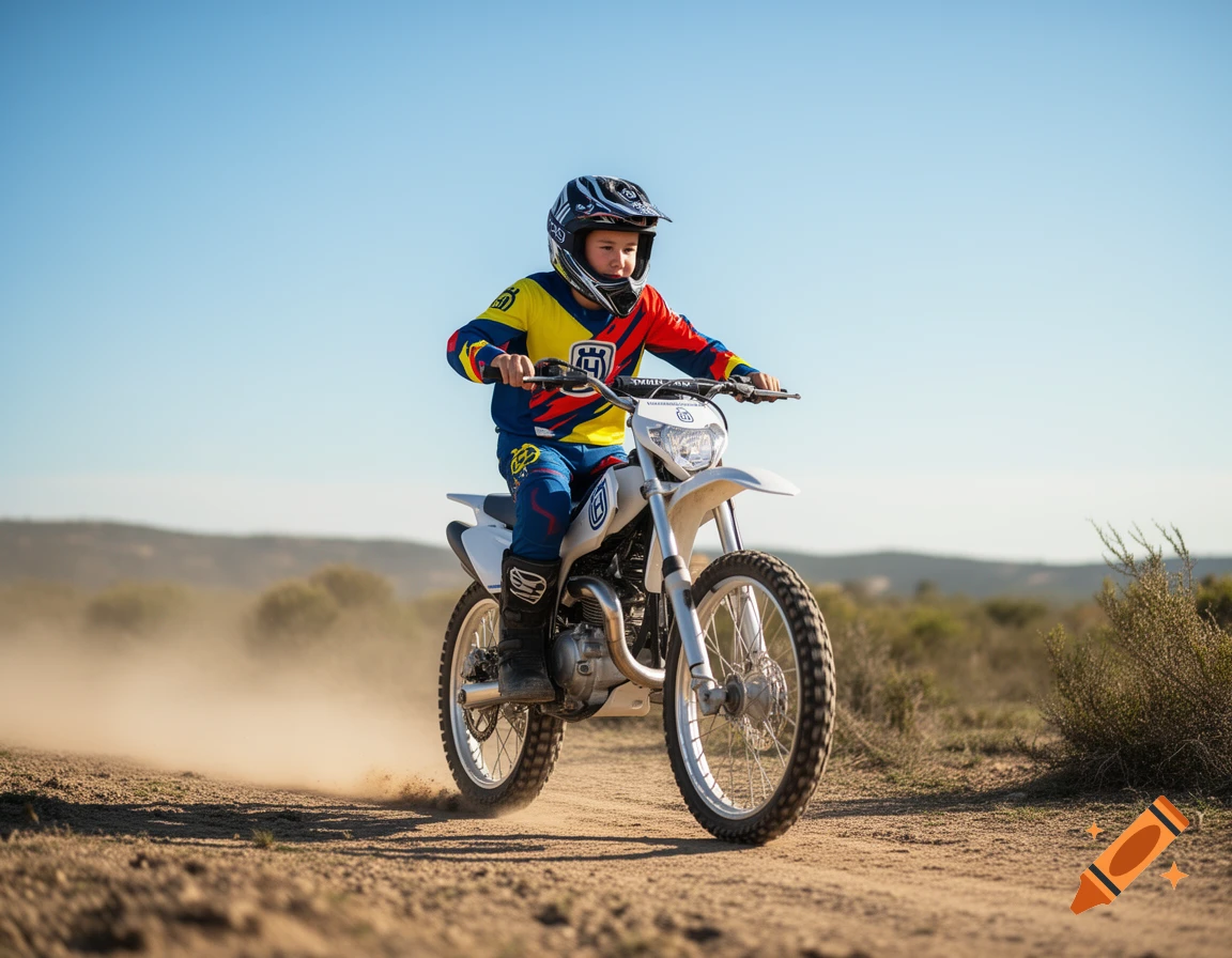 A young boy in a colorful racing suit and helmet rides a white Husqvarna dirt bike on a dusty track, kicking up dirt. The sky is clear blue.