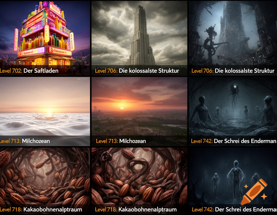 A 3x3 grid of AI-generated images. Top row: a colorful juice shop, a towering skyscraper, and a dark fantasy landscape. Middle row: an ocean of milk at sunset, a city at sunset, and a dark cavern with gaunt figures. Bottom row: cocoa beans on branches, and another dark scene with gaunt figures.