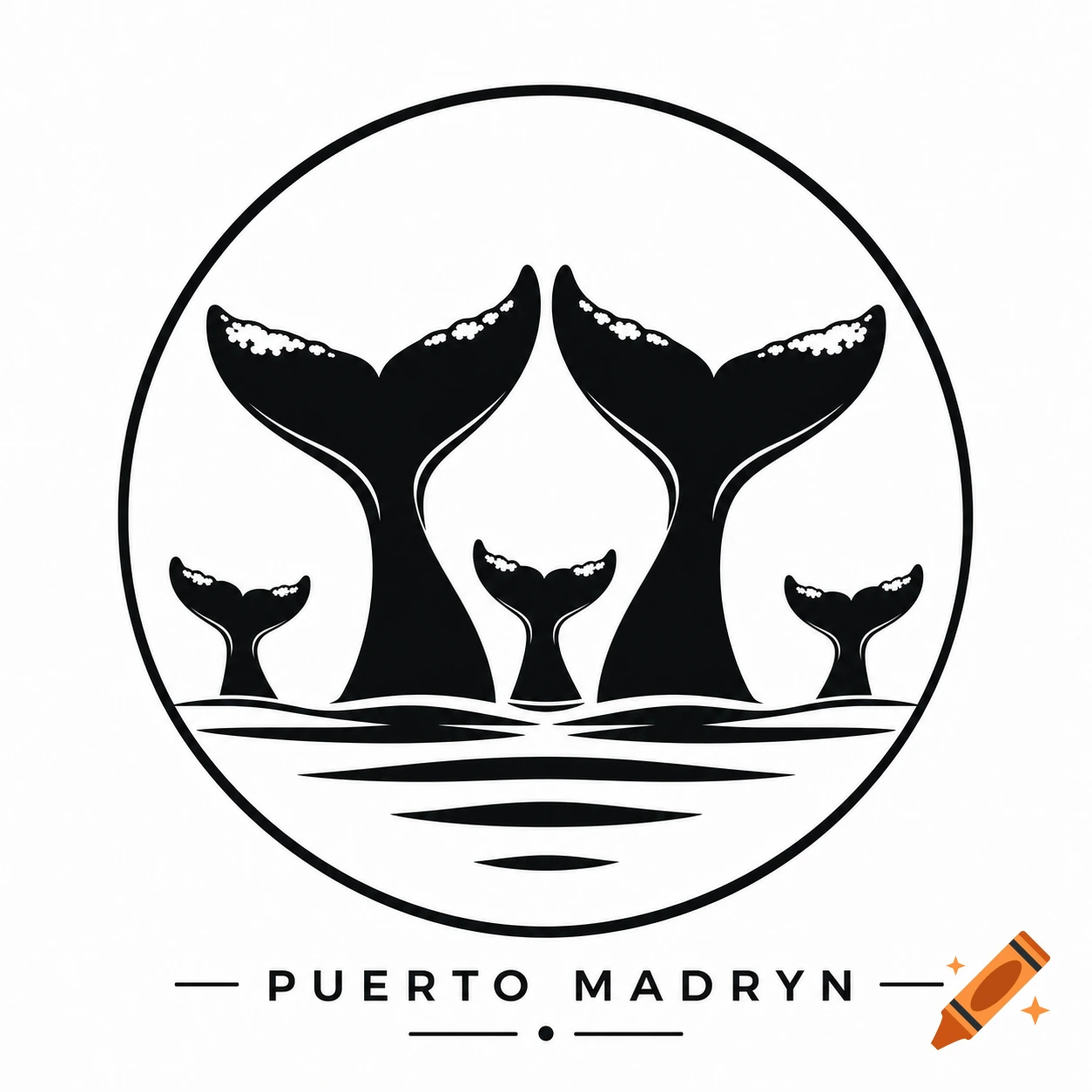 Minimalist black and white vector logo of five whale tails emerging from water in a circle, with 'PUERTO MADRYN' text.