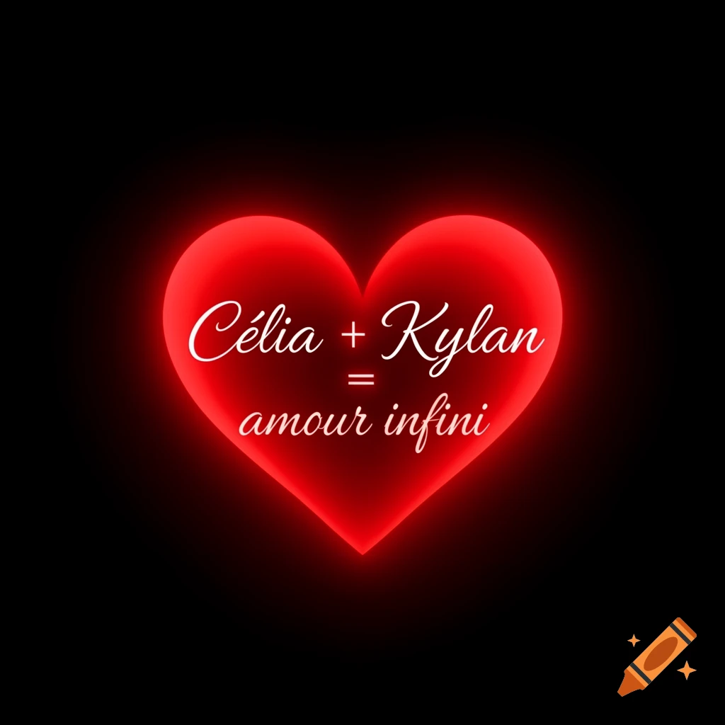 Red glowing heart on a black background with 'Célia + Kylan = amour infini' in white script.