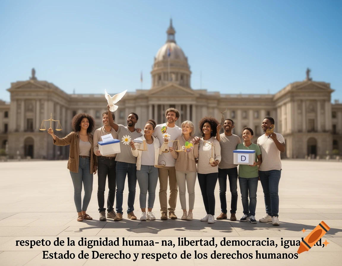 A diverse group of people smiling and holding symbols of justice, peace, and voting in front of a government building under a clear sky.