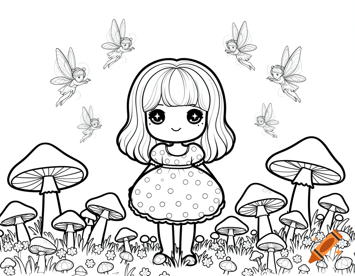 Kawaii girl in a polka dot dress standing amidst mushrooms with fairies flying around, in a black and white coloring page style.