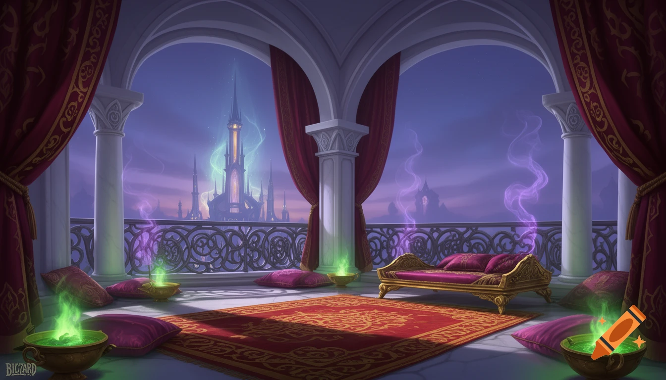 A luxurious fantasy lounge on a balcony overlooking a magical elven city at twilight, with white columns, red drapes, a gold daybed, and glowing green arcane fires.