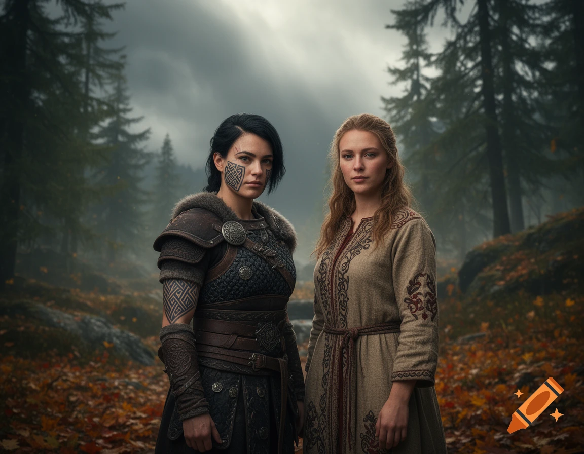 Two photorealistic women in Viking-inspired attire stand in a foggy autumn forest, one in dark armor, one in an embroidered dress.